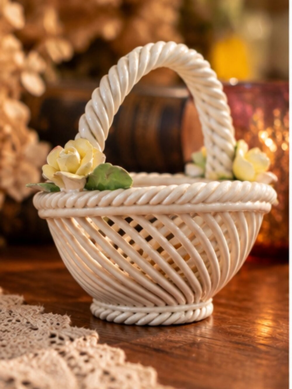 Vintage Italian Capodimonte Ceramic Woven Basket